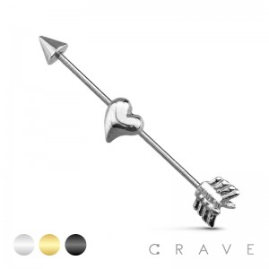 CUPID'S ARROW & HEART 35MM 316L SURGICAL STEEL INDUSTRIAL BARBELL